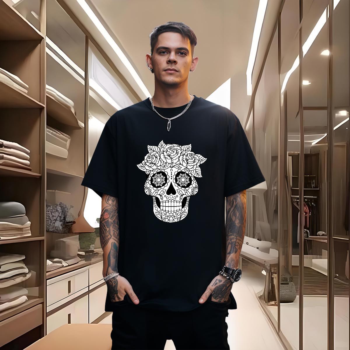 TOP Quality Mens T Shirts 230g Pure Cotton skull Street wear Hip Hop Floral Print Breathable Crew Neck Men Tees New Arrival Tee Shirt