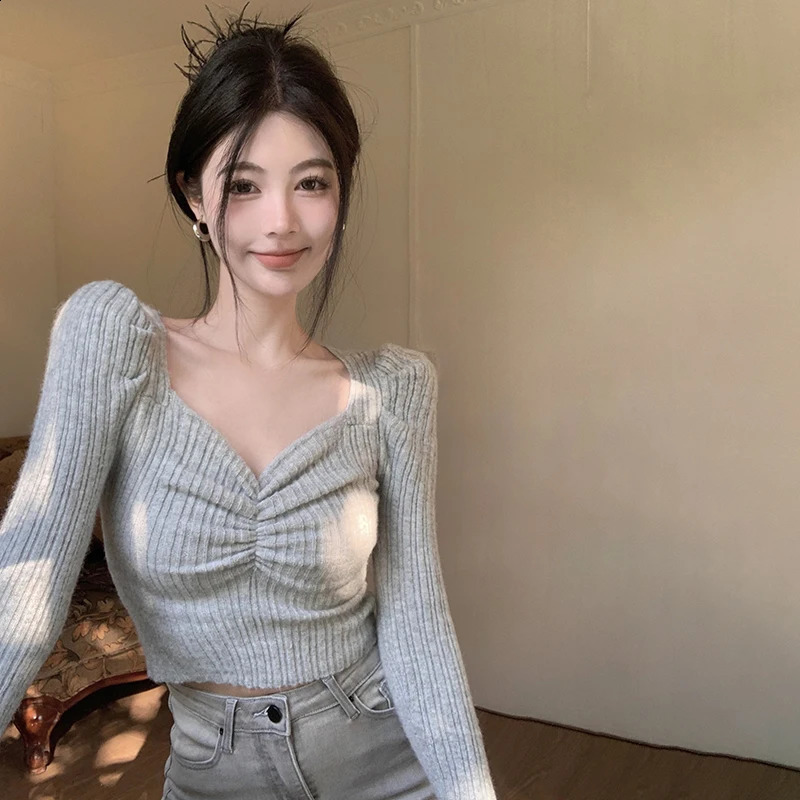 Womens Sweater Solid Colour Korean Version V Neck Slim Fashion Versatile Puff Long Sleeve Knitted T-Shirt 240824