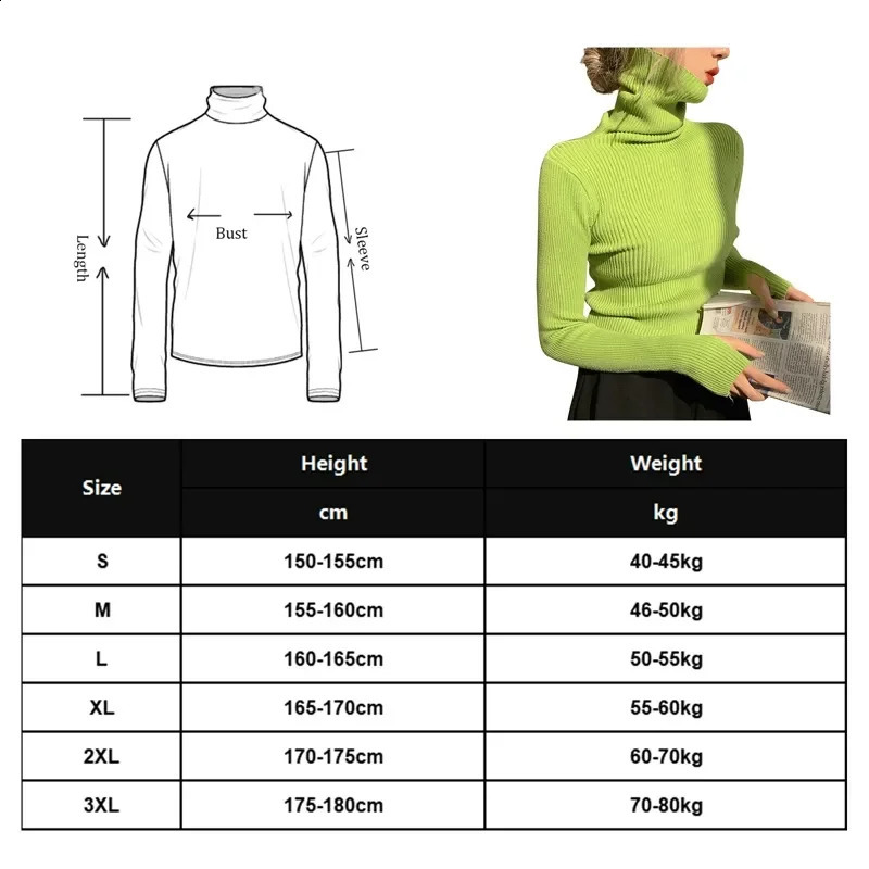 Knitted Sweater Women Korean Version Turtleneck Sweater Winter Solid Color Pullover Slimming Interior Lapping Warm Basic Tops 240824