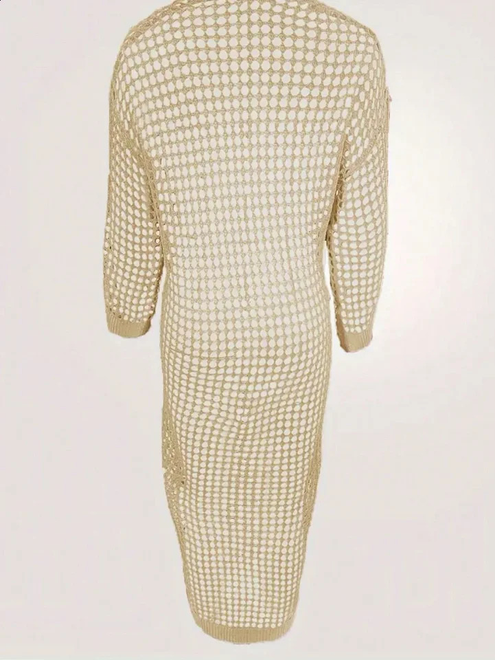 Long Knit Cardigan Sweater With Hollow Out And Open Front 240813