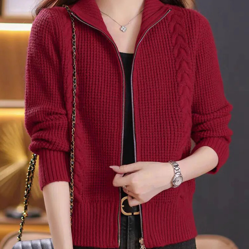 Women Clothing Vintage Stand Collar Knitwear Fashion Loose Double Zipper Long Sleeved Knitted Cardigan Sweater Autumn Winter Top 240824