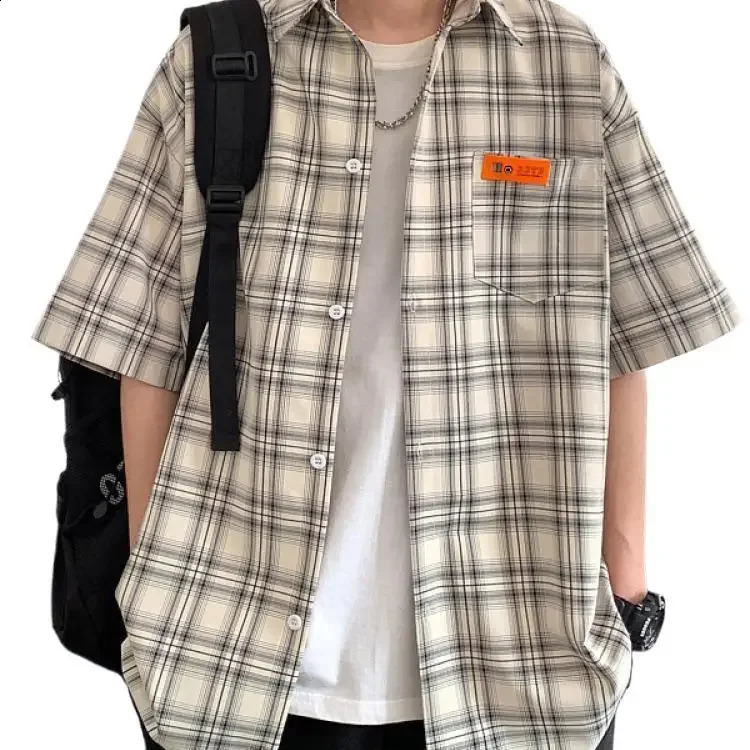 Japanese Plaid Short Sleeve Mens Shirt Yellow Vintage Slim Fit Smooths Your Silhouette Elegant Thin Style Half Sleeve Tops 240824