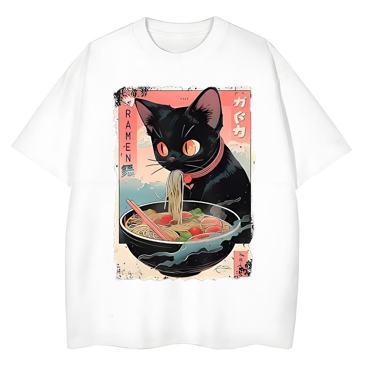 Custom Tshirt for Man Woman The cat eats ramen noodles Home Outdoor 230g 100% Cotton Tees Short Sleeve O-Neck Brand Man T Shirts DIY Printed