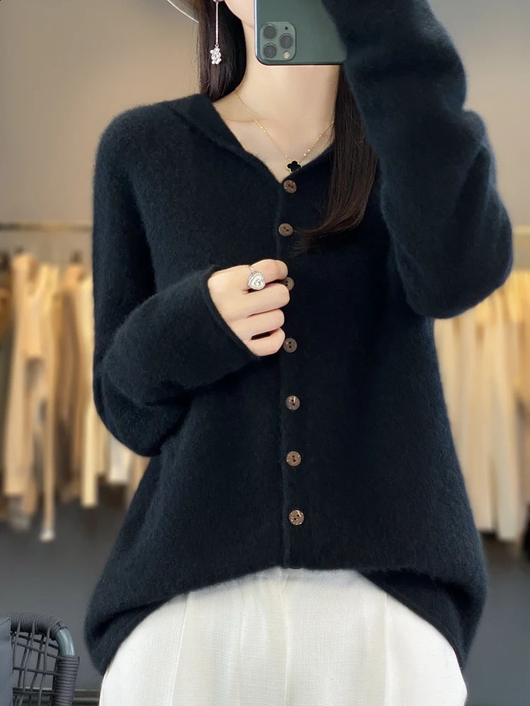 Addonee Spring Autumn Women 100% Merino Wool Hooded Sweater Cashmere Cardigan Hoodies Knittwear Basic Quality Clothing Tops 240824