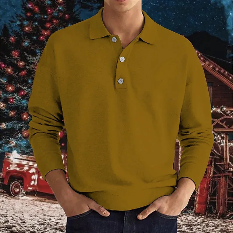 Autumn long sleeve V-neck button mens comfortable casual top polo shirt 240824