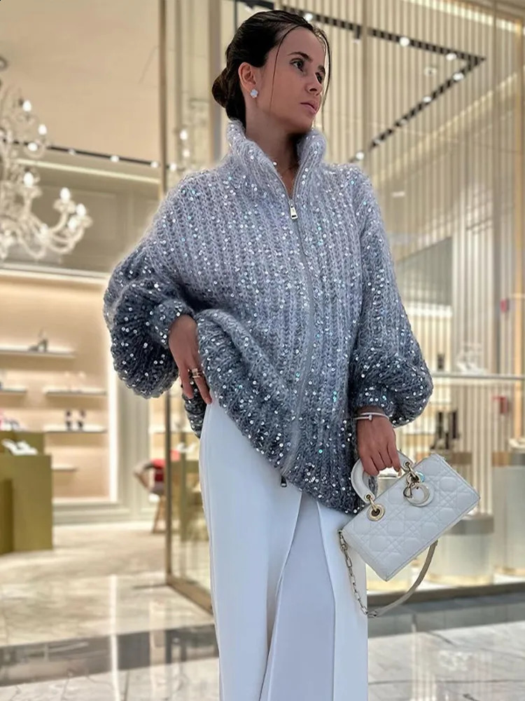 Sequin Knitted Womens Sweater Autumn Bishop Sleeve Zippers Loose Casual Sweaters Female Lady Stand Collar Outerwear 240824