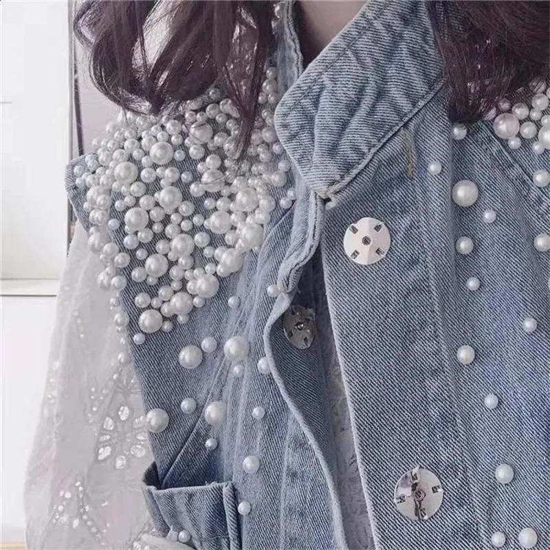 Womens Denim Vest Coat Pearl Denim Waistcoat Korean Fashion Cardigan Jacket Loose Pearl Button Vest Sleeveless Jacket 240824