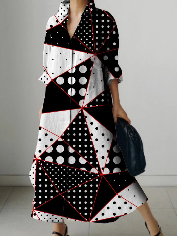 Long Sleeve Lapel Shirt Dress Long Skirt Geometric Print n Womens Loose Dress For Spring And Summer Breathable Comfort 240824