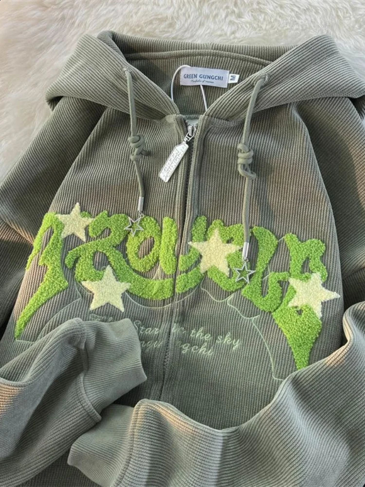 Vintage Streetwear Zip Up Tops Oversized Star Graphics Print Hoodies Women American Retro Graphic Hooded Sweatshirts 240824