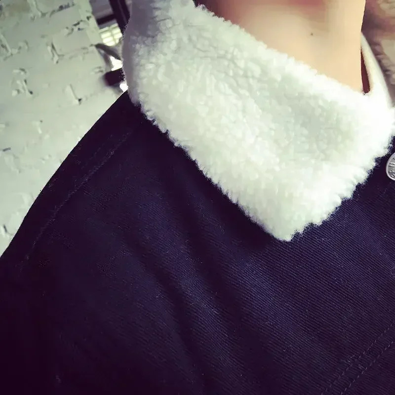 Denim jacket mens warm apron with sheep black wool original highquality onepiece winter 240824