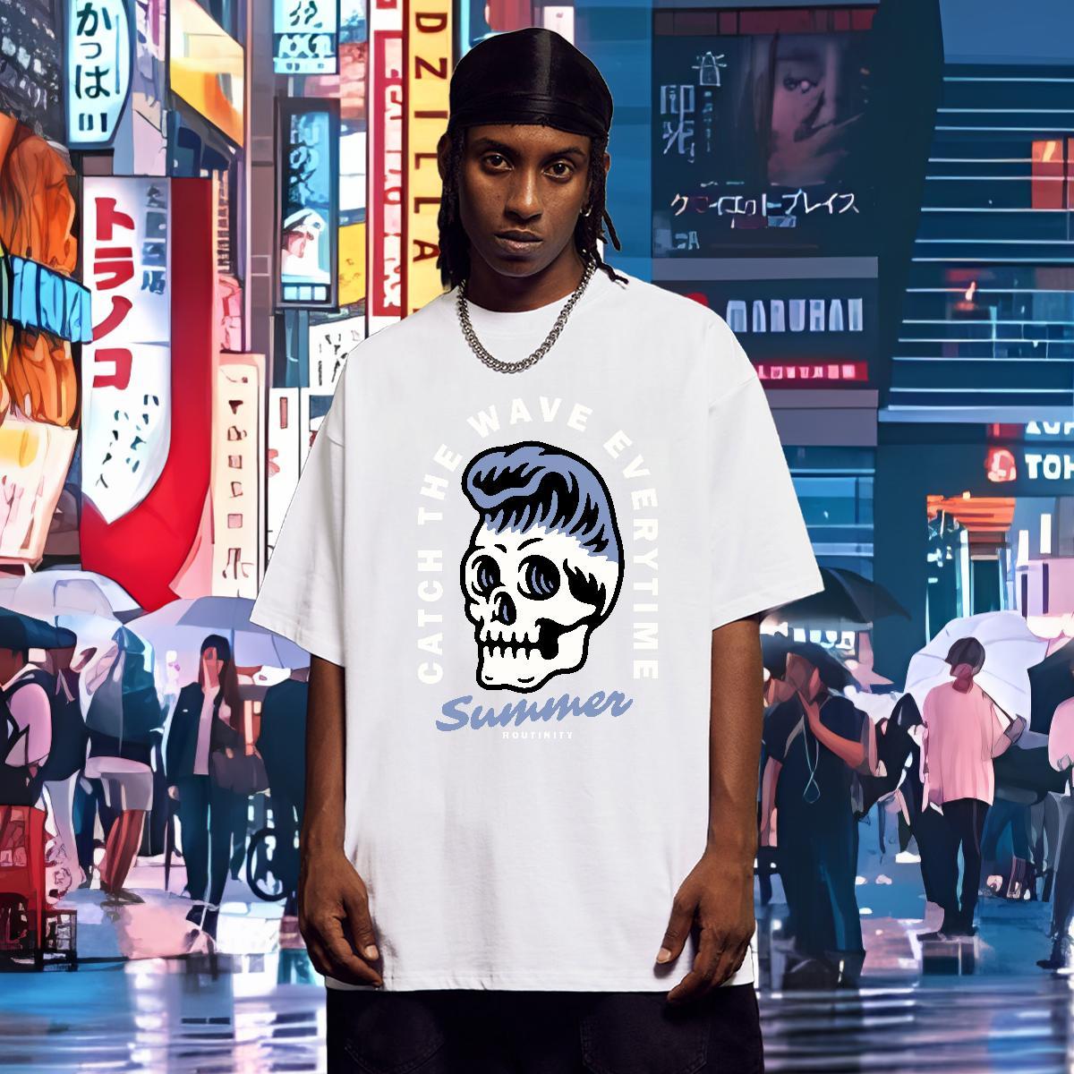 Brand T shirt 230g Pure Cotton skull Summer Casual Anime O Neck Short Sleeves Men Tees Classic Casual Polos