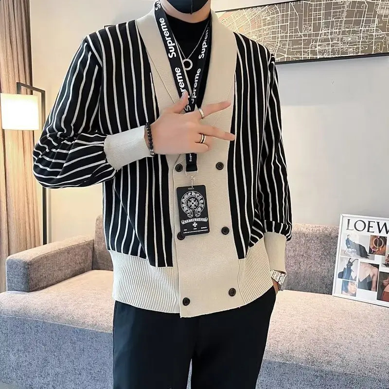AutumnWinter UK Retro Academy Stripe Contrast Set Collar Double Chest Long Sleeve Loose Fit Sweater 240824