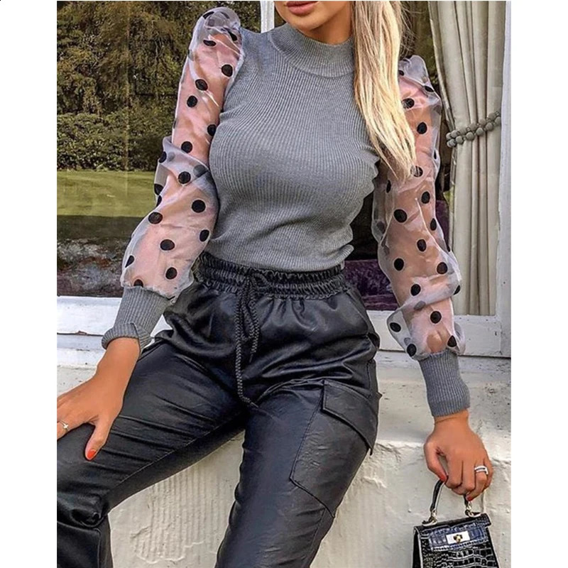 Meihuida Autumn Winter Women Polka Dot Knitted Sheer See-through Translucent Long Puff Sleeve Sweater Blouse Shirts 240824
