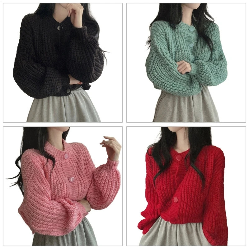 Women Knitwear Crop Top Cardigan Puff Long Sleeve Button Down Plain Sweater Coat 240824