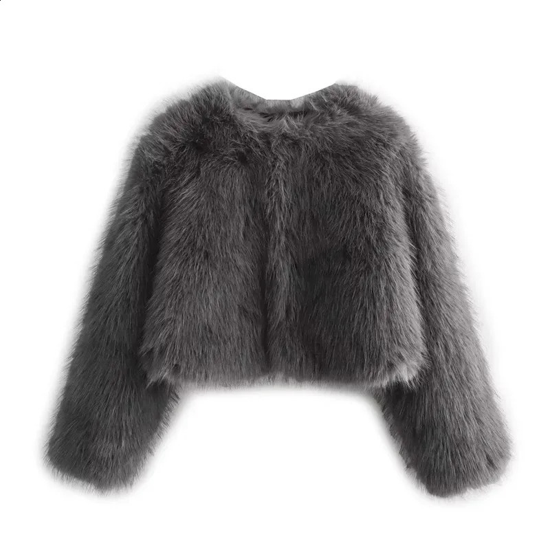 TRAF cut faux fur jacket womens fluffy winter ious elegant long sleeved short shirt cardigan 240824