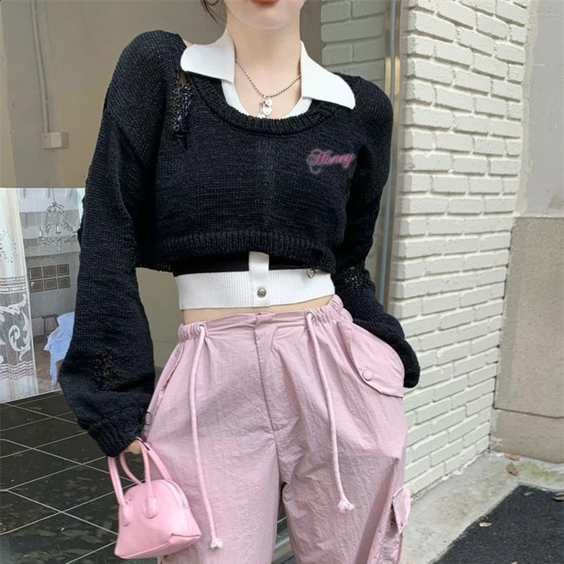 Lucyever Y2K Vintage Cropped Sweater for Women Harajuku Ripped Hollow Out Smock Pullover College Style Sweet Knitwear Jumpers 240824