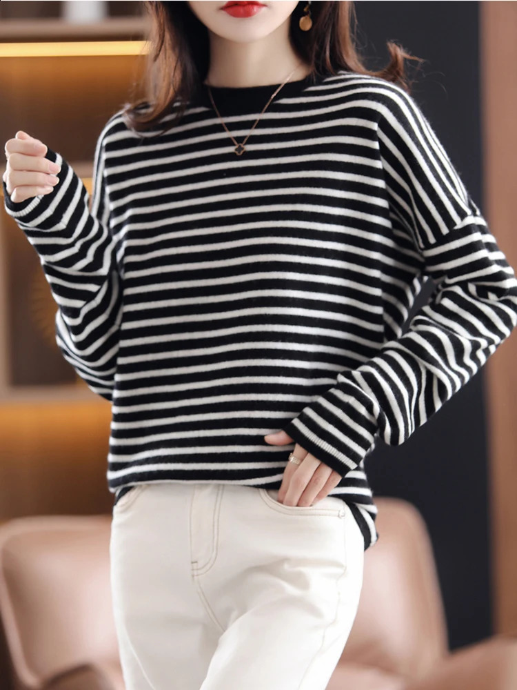 Cashmere Elegant Striped Women Sweater Soft Warm Knitted Basic Pullovers O Neck Loose Female Sweaters Autumn Knitwear Jumper Top 240824