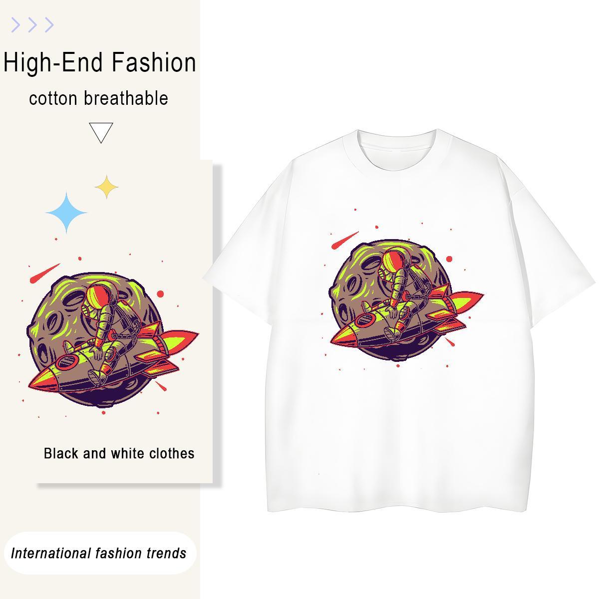 Loose fit Unisex Tshirts 100% Cotton 230g cosmonaut Casual Daily Wear Women T Shirts O Neck Short Sleeves Black White Tops Shirt