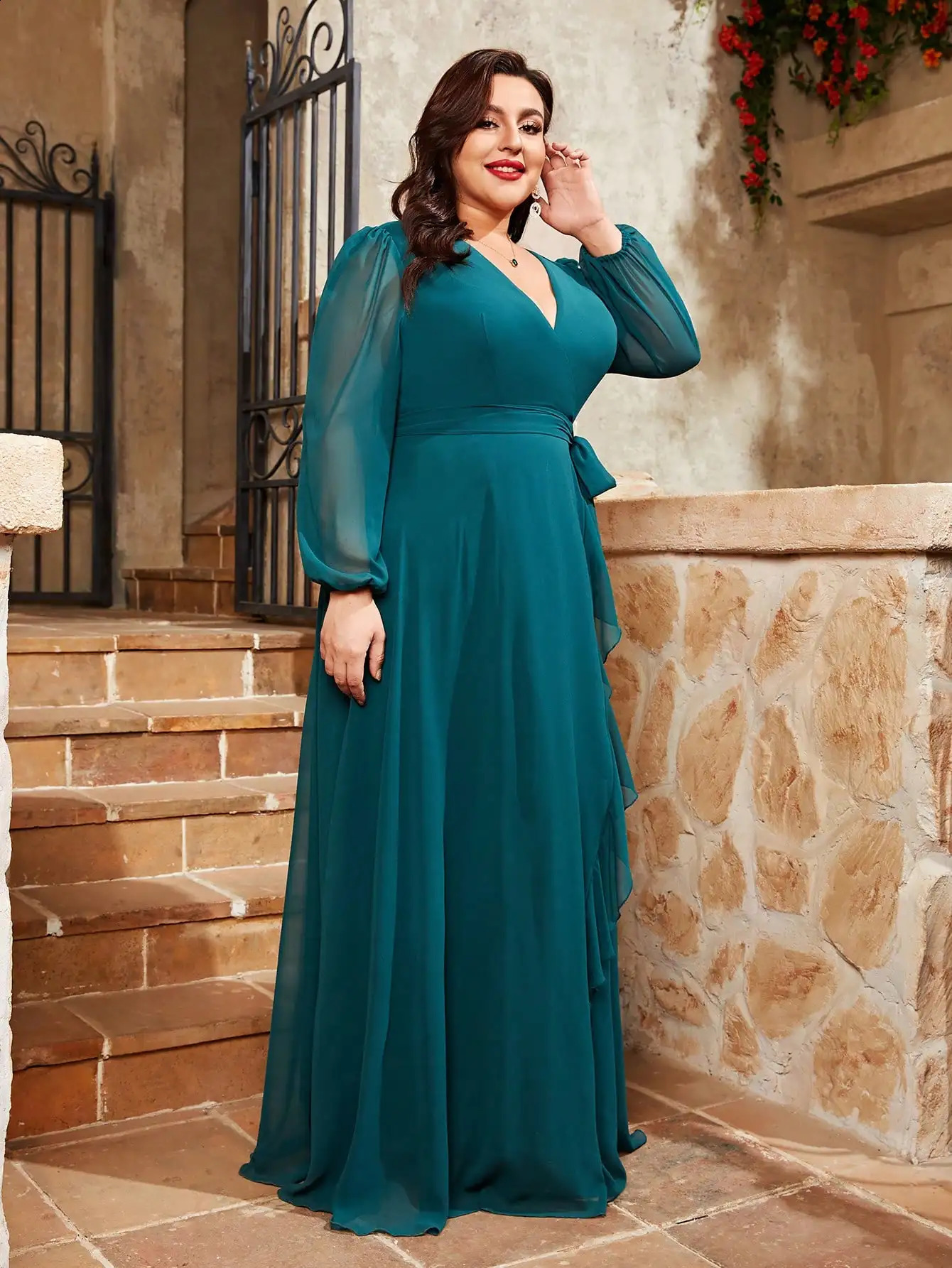 Mgiacy Plus Size V-Neck Irregular Cross Long Sleeved Pleated Chiffon Full Skirt Evening Party Gown 240824