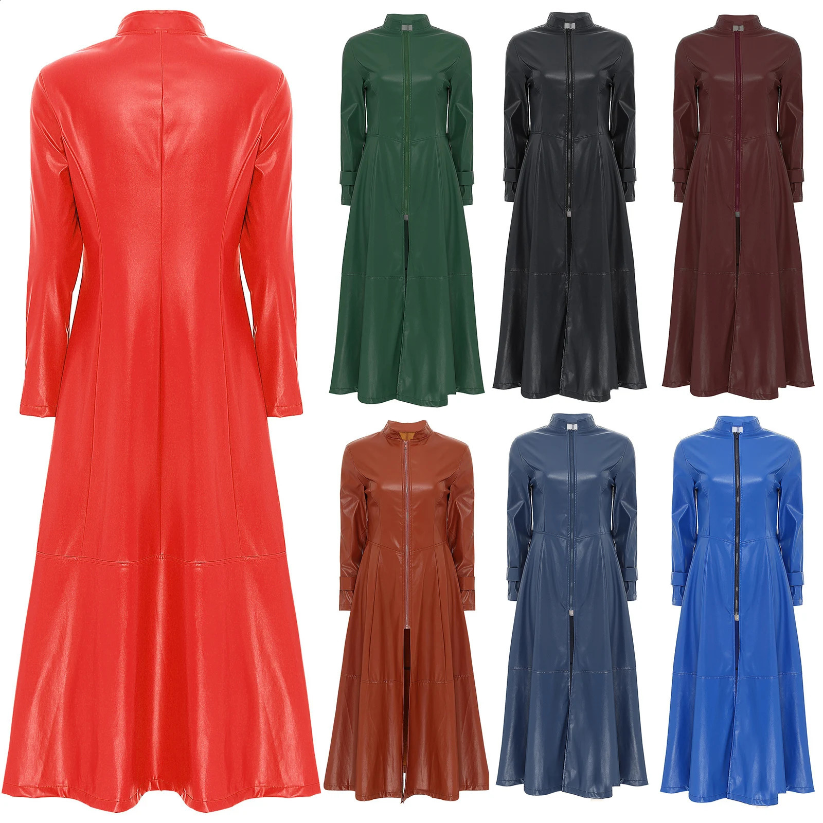 Cool Matrix Clothing WomensMens Leather Jacket Standing Collar Trench Coat with Zipper Cape Town Long Windproof Carnival Dress 240824