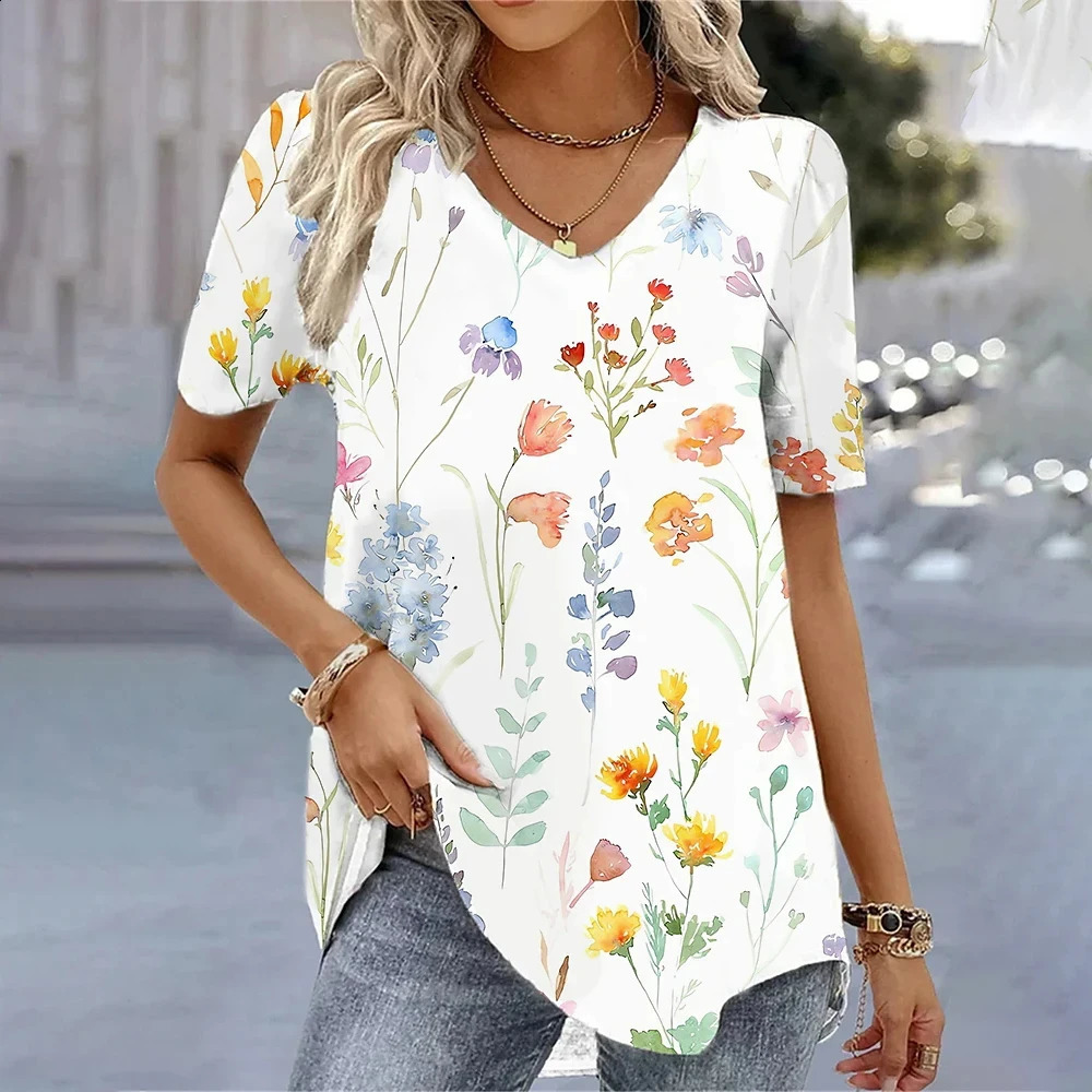 Fashionable Blouses 2024 3D wer Printed White Kawaii V-neck Womens Clothing Oversized Summer Top T-shirt 240824