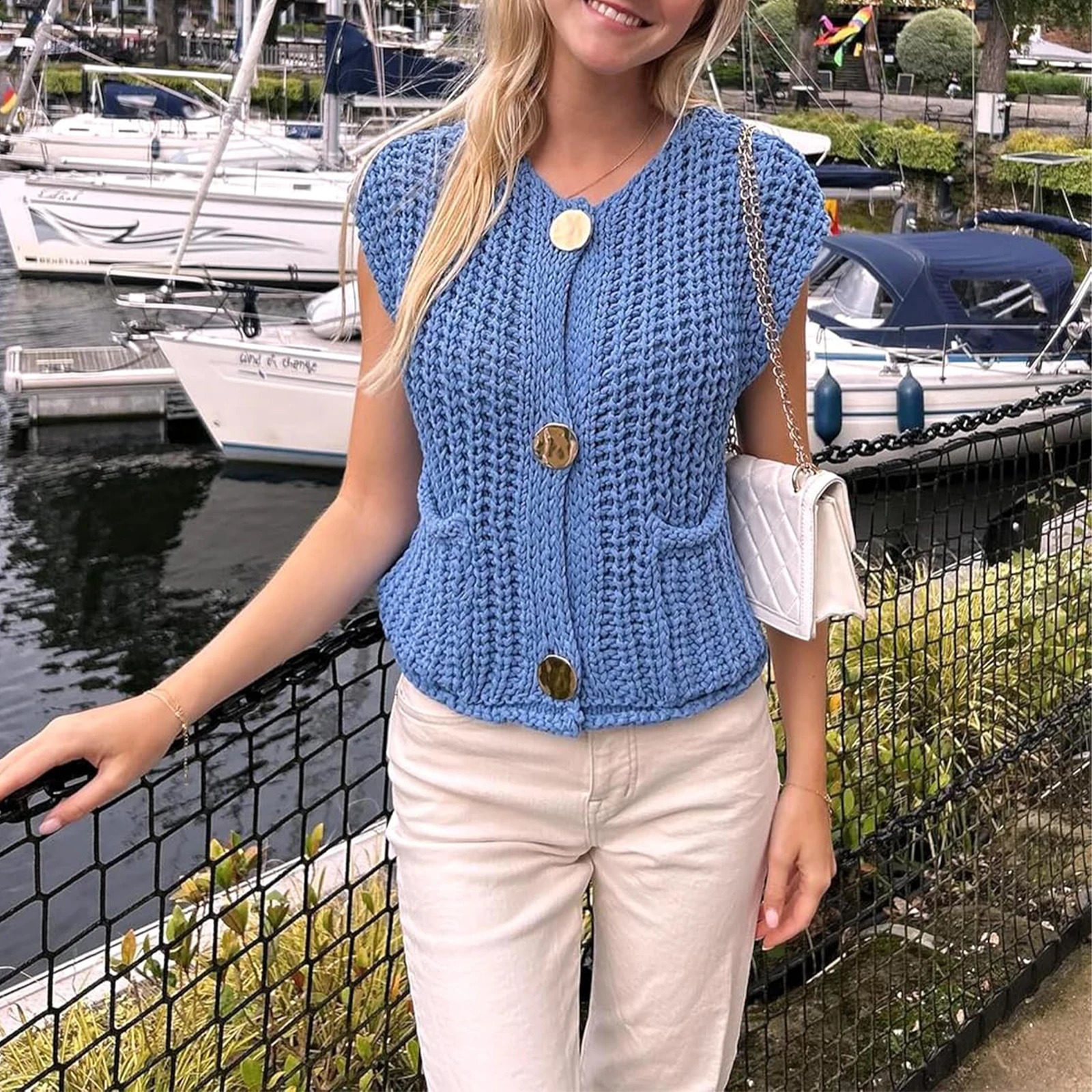 Womes Knitted Sweater Cardigans Solid Color Sleeveless Buttons Front V-Neck Knit Vest for Streetwear Casual Loose Knitwear 240824