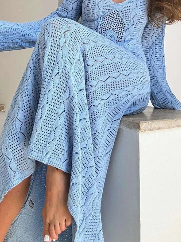 Loose Knitted Beach Long Dress Womens Blue Vneck Full Sleeve See Through Female Dresses Summer Holiday Flower Robe 240824