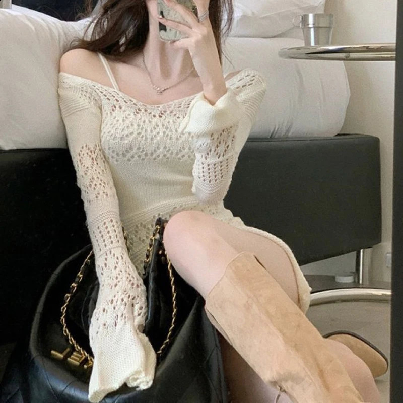Sexy hollow open top high waist elegant knitted womens fashion Y2K sweet solid Vneck long sleeved club mini dress 240824