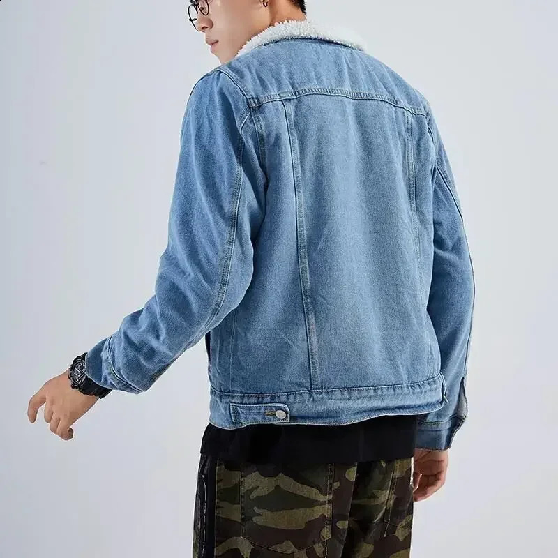 Denim jacket mens warm apron with sheep black wool original highquality onepiece winter 240824