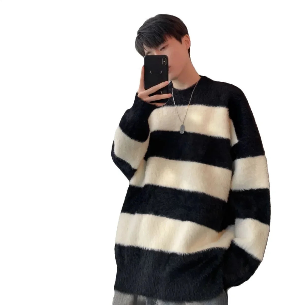 Black White Striped Sweater Mens Autumn Winter Anti-mink Round Neck Knitted Top American Style Casual Versatile Pullover Top 240824