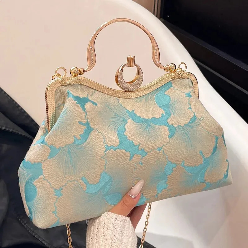 Floral Print Small Tote 2024 Women Green Handbags Party Clutch Female Dinner Chain Shoulder Bags Messenger 240824