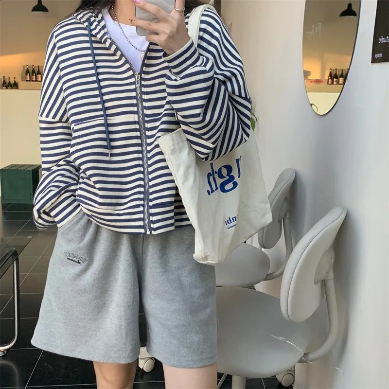 Striped Casual Loose Long Sleeve Zipper Womens Hooded Sweatshirts Korean Fashion Female Hoodies Autumn Sweater Streetwear Y2k 240824