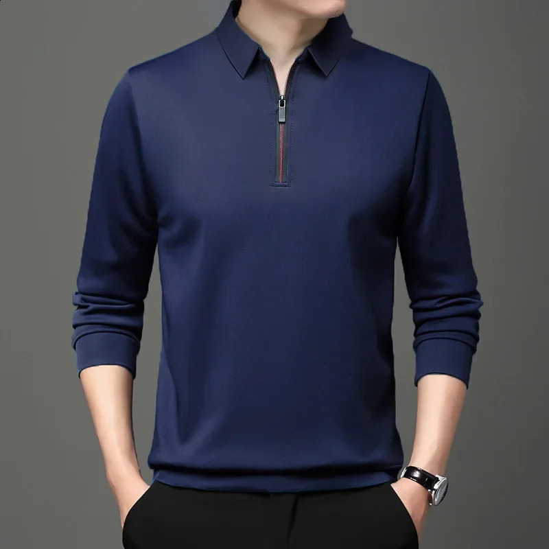 Solid Polo Shirt Lapel Long-sleeved Polo Zipper Collar Fashion Spring/Autumn Thin Shirts Casual Loose Tops Men Clothing 240824