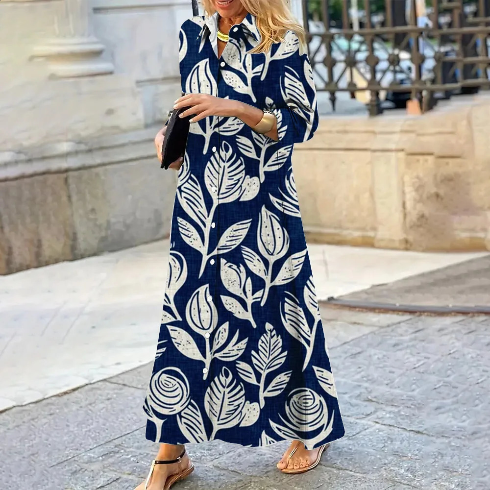Summer Womens Dress Iapel Long-Sleeved Shirt Dress Classic Antique Porcelain Blue Pattern Single-Breasted Shirt Dress 240824