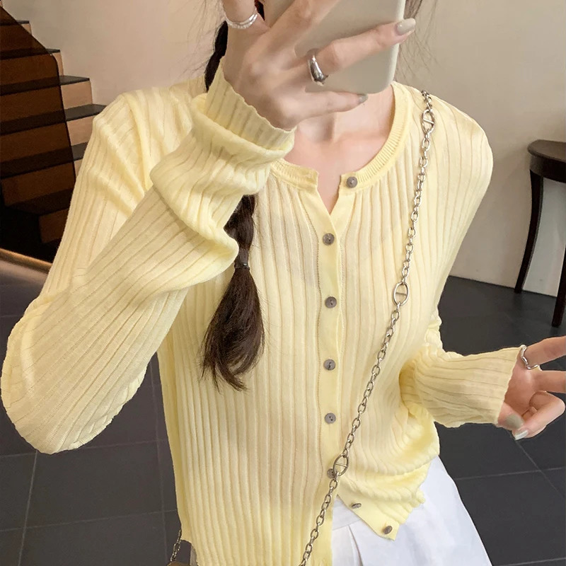 Solid Color Knitted Cardigan Women Korean Single Breasted Long Sleeve Tops Fashion Round Neck All Match Sweater 240824