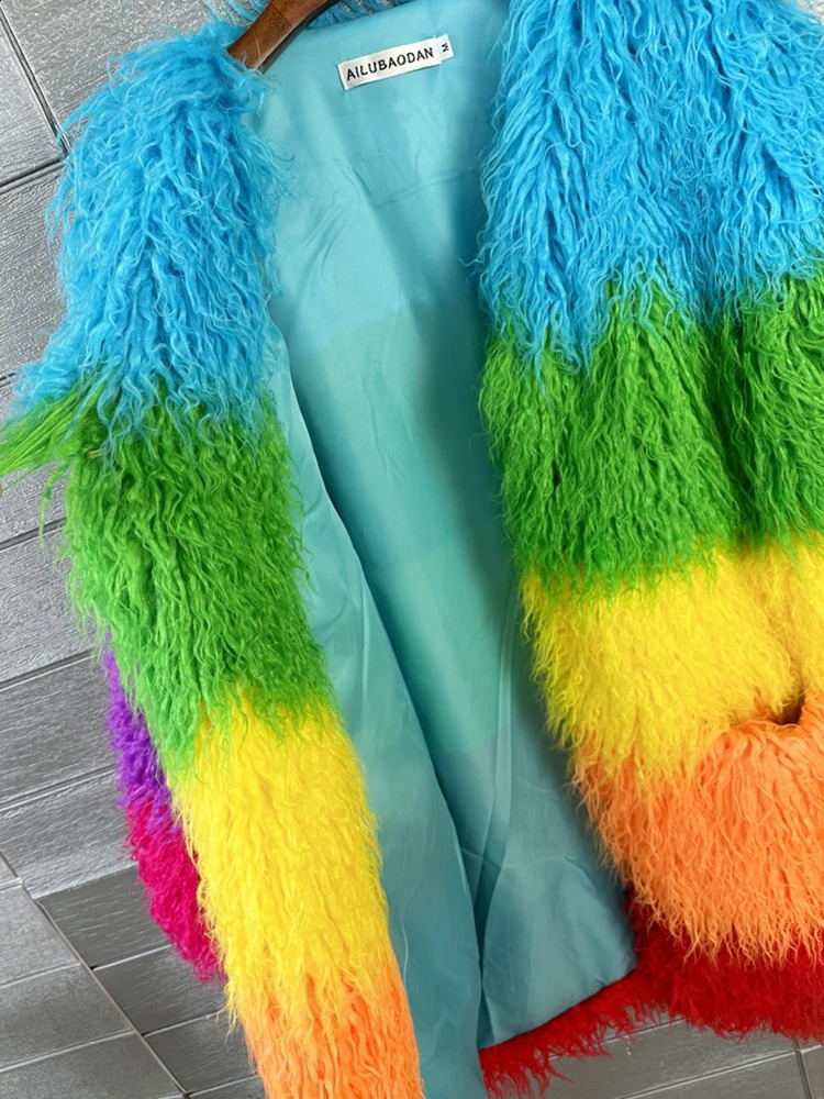 Original n Rainbow faux fur coat womens spliced contrasting color long jacket furry winter 240824