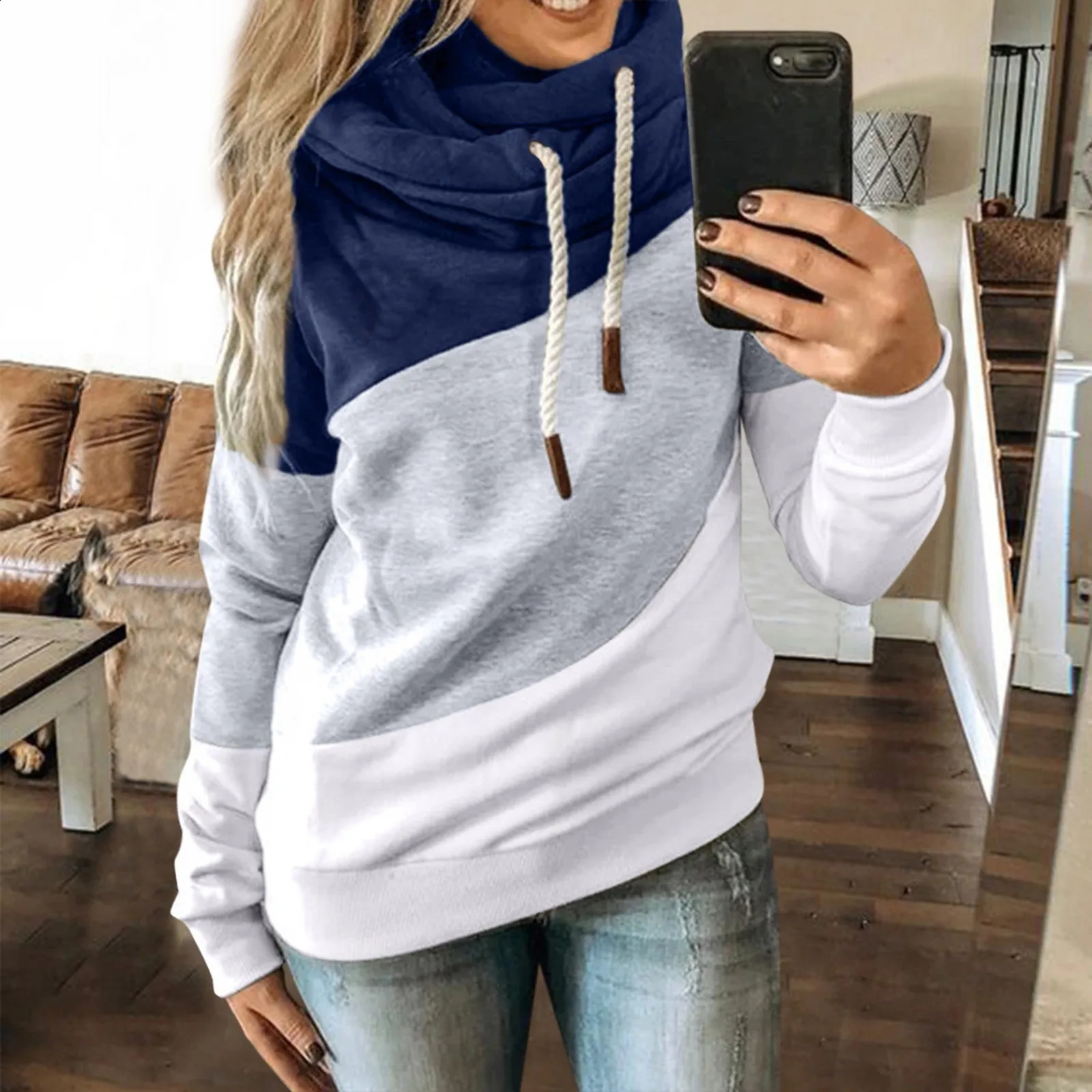 Customized Fashion Women Patchwork Hooded Sweatshirt Leopard Print Drawstring Hoodie Casual Long Sleeve Pullover Tops 240824