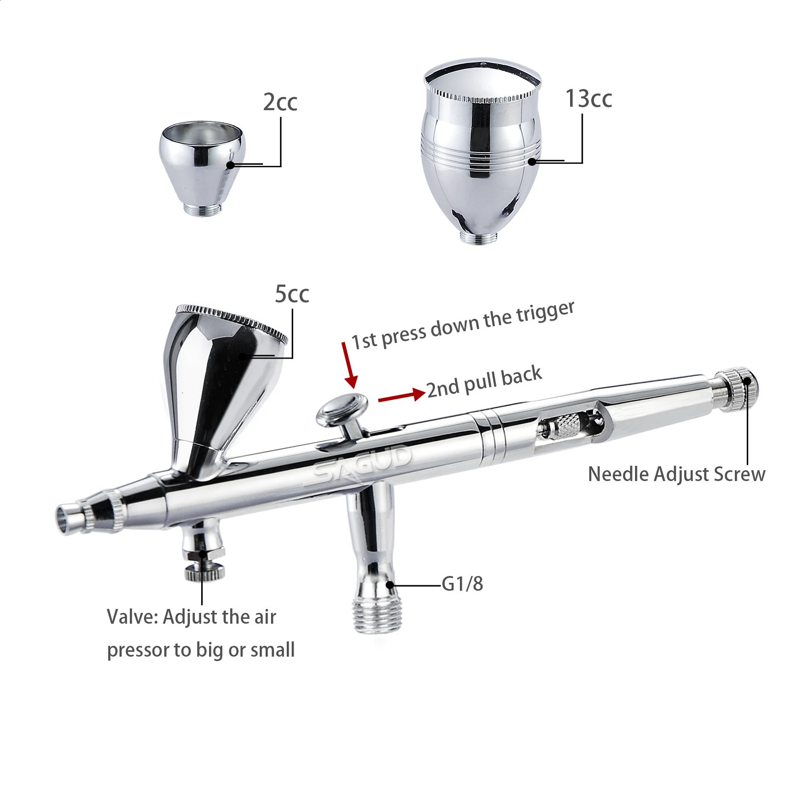 Spray gun set double acting professional air brush set with 2/5/13CC spray cup and wrench dropper tool used for cake tattoo painting 240823