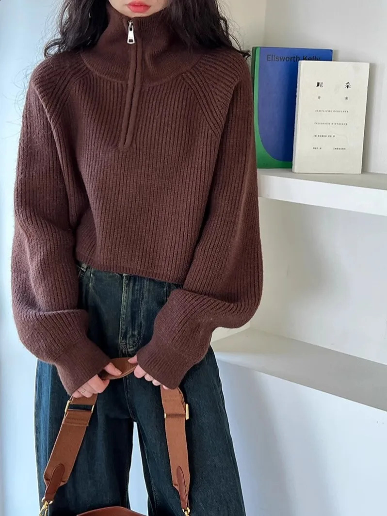 Solid Sweater Women Autumn Winter Korean Half Turtleneck Zipper Knitted Pullover Thick Vintage Fashion Tops Clothes 240824