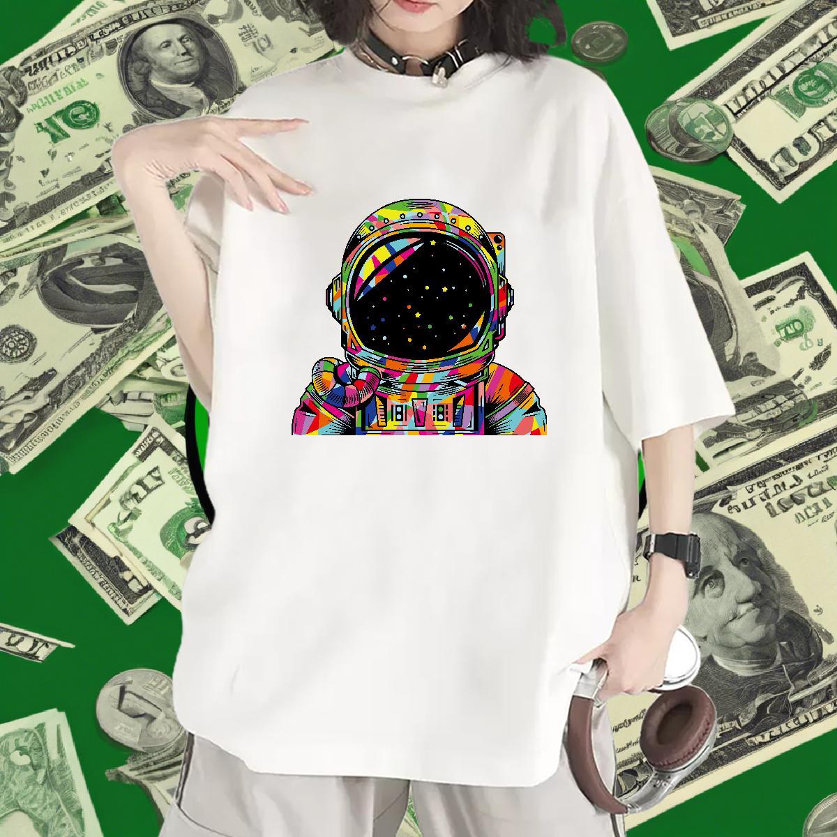 Loose Womens Tshirts 230g Cotton outer space Daily Wear T-Shirts for Women Short Sleeve O-Neck Skull Polos