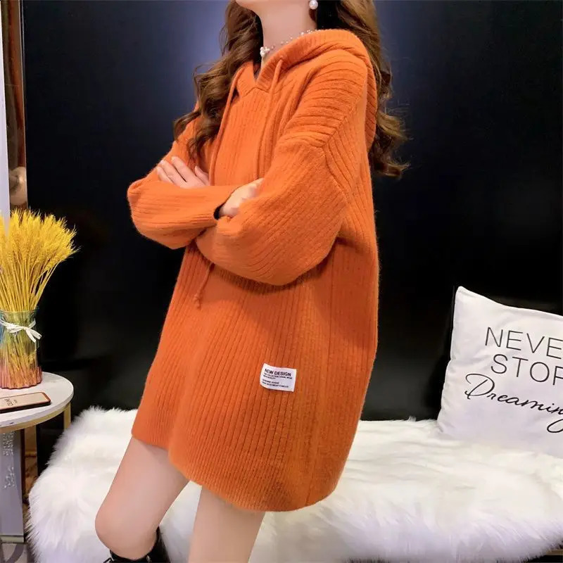 Autumn and Winter Hooded Knitted Sweater Womens Solid Color Knitted Sweater Loose Medium Long Thickened 240824