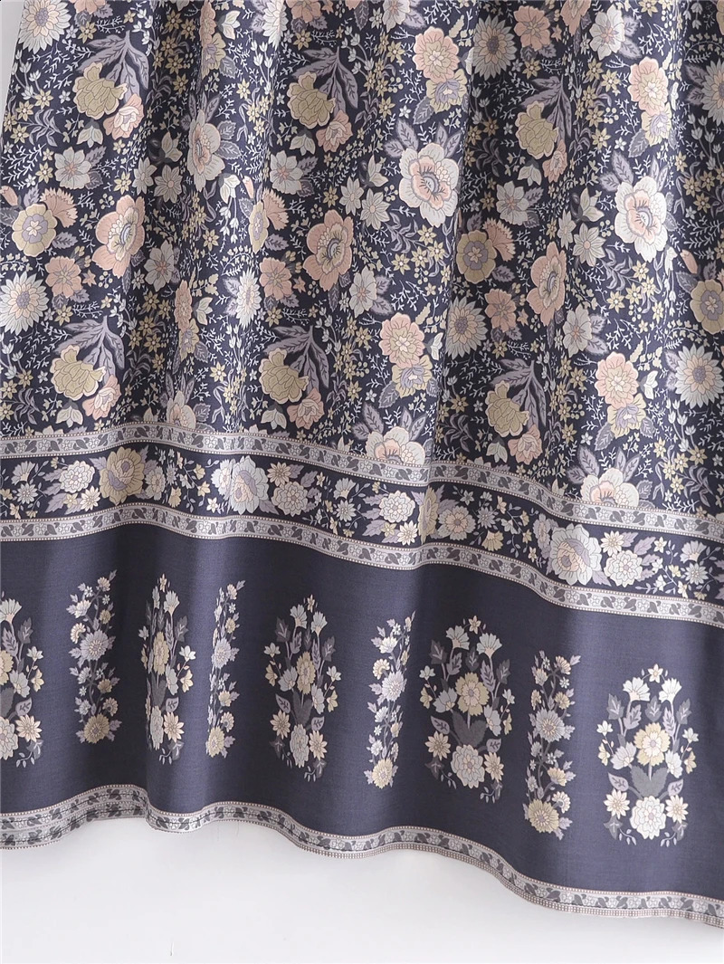 Grey Floral Print Vintage Women V-neck Lantern Sleeve Tassel Beach Bohemian Maxi Dresses Ladies Rayon Boho Dress Robe Vestidos 240824