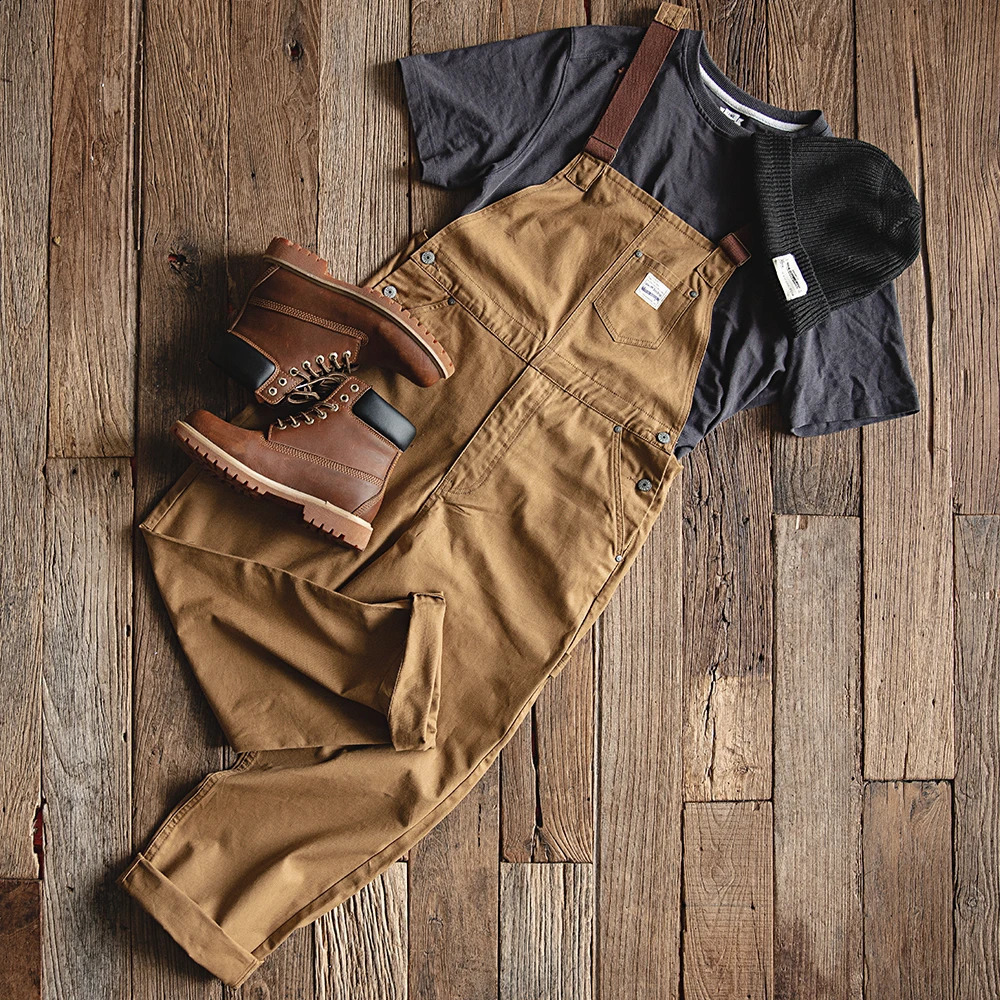 Maden Vintage Khaki Strap Pants Amekaji One Piece Pocket Straight Tube Sling Mens Fashion 240824