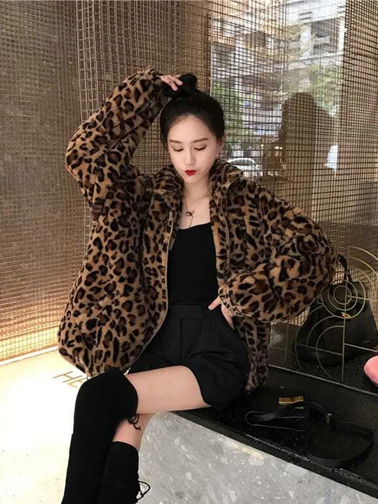 Leopard Fur jacket womens oversized plush coat winter warm fluffy retro party faux mink 240824