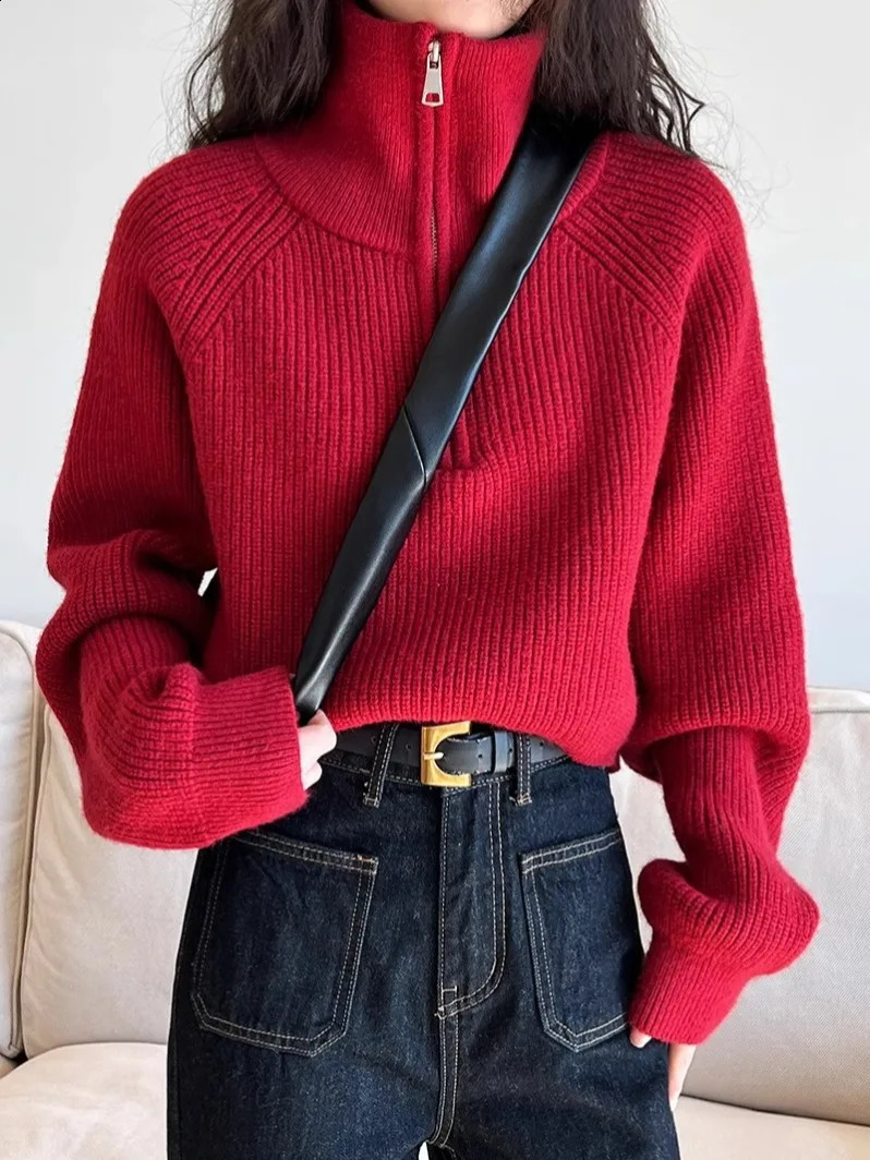 Solid Sweater Women Autumn Winter Korean Half Turtleneck Zipper Knitted Pullover Thick Vintage Fashion Tops Clothes 240824