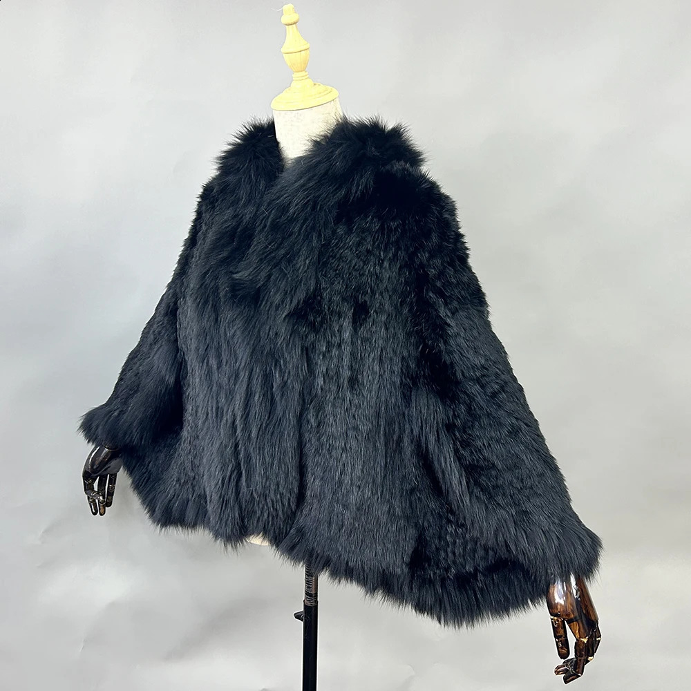 Genuine Natural Knitted Rabbit Fur Shawl Coat With Fox Collar Womens Fashion Knit Jacket Cape 251022