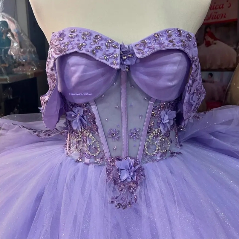 Lilac Beading Crystal Bow Ball Gown Quinceanera Dresses 3D wers Sequined Appliques Lace Tull Sweet 16 Vestido De 15 Anos