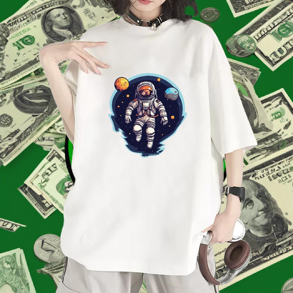 Loose fit Couples T Shirts 230g Cotton cosmonaut Casual Sport T-Shirts Breathable Cartoon Floral Printing Top Shirts