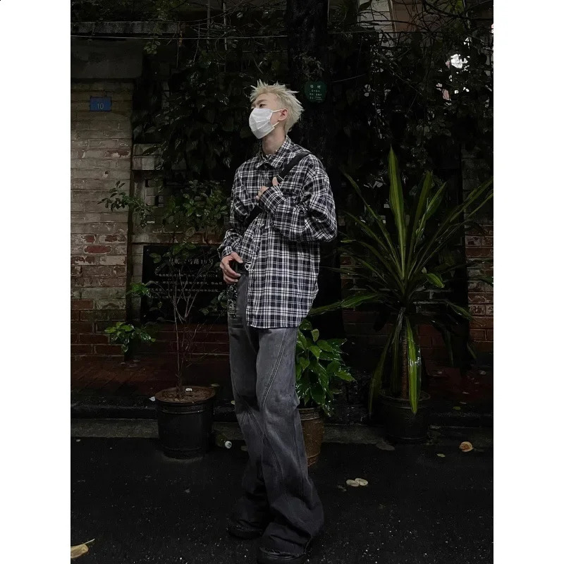 American Style Loose-fit Casual Plaid Shirt For Men Arrival Spring Autumn Fashion Trendy Black White Checkered Vest 240824