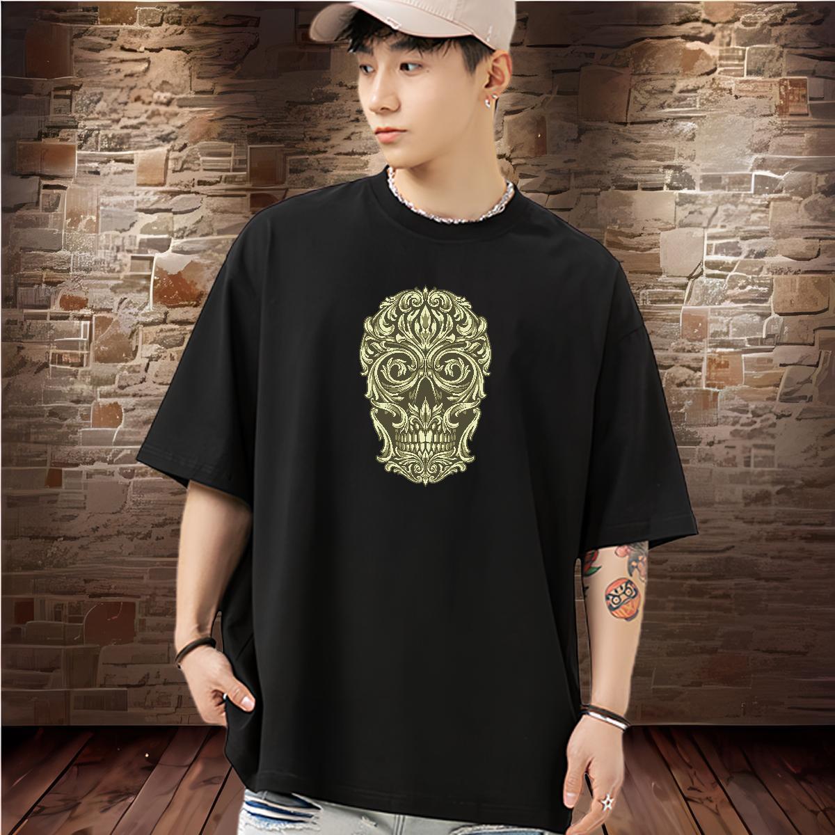Classic T shirt 230g Pure Cotton skull Beach Black White Short Sleeve Soft Men Tshirts DIY Customized Clothings